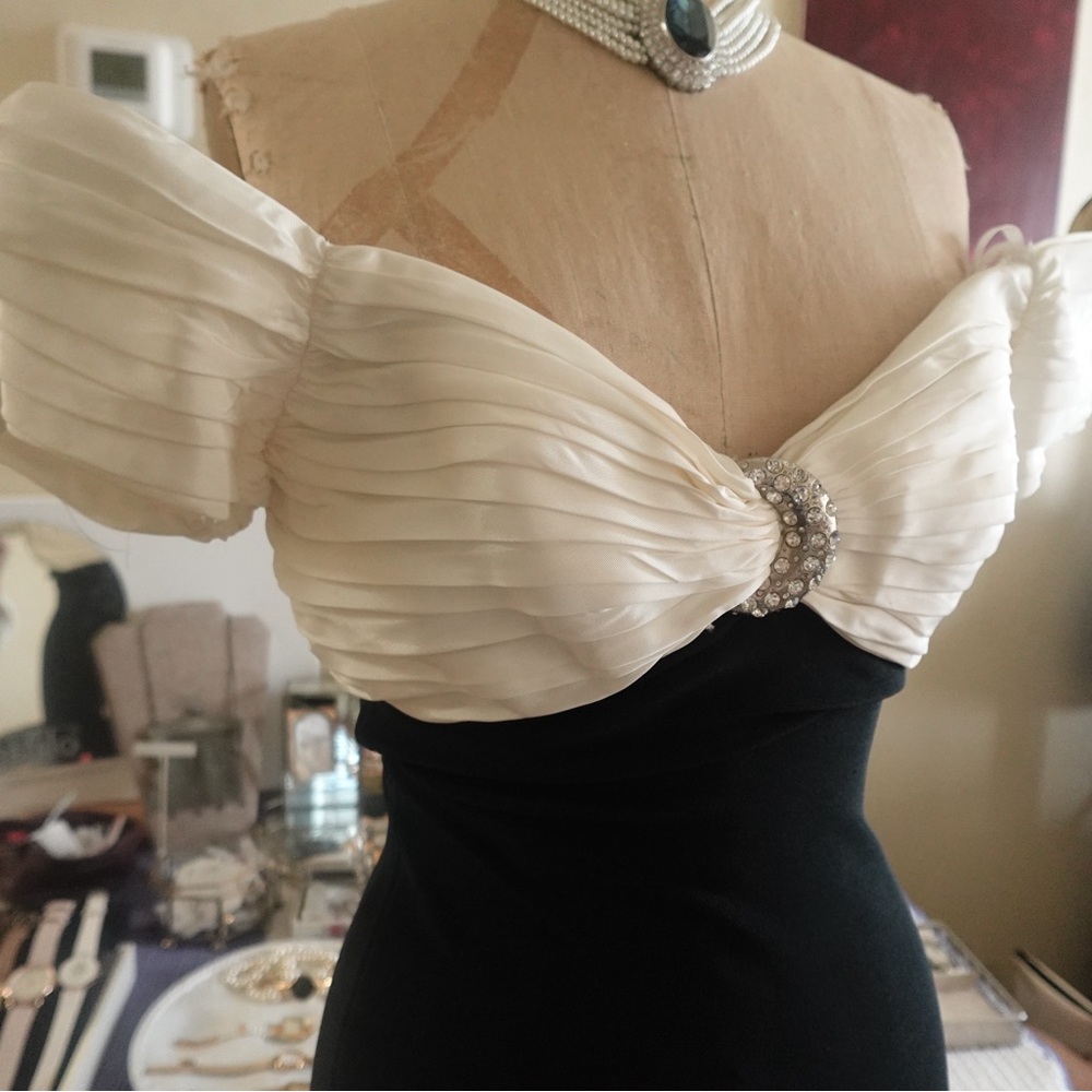 Elegant Black and Cream Off-Shoulder Dress